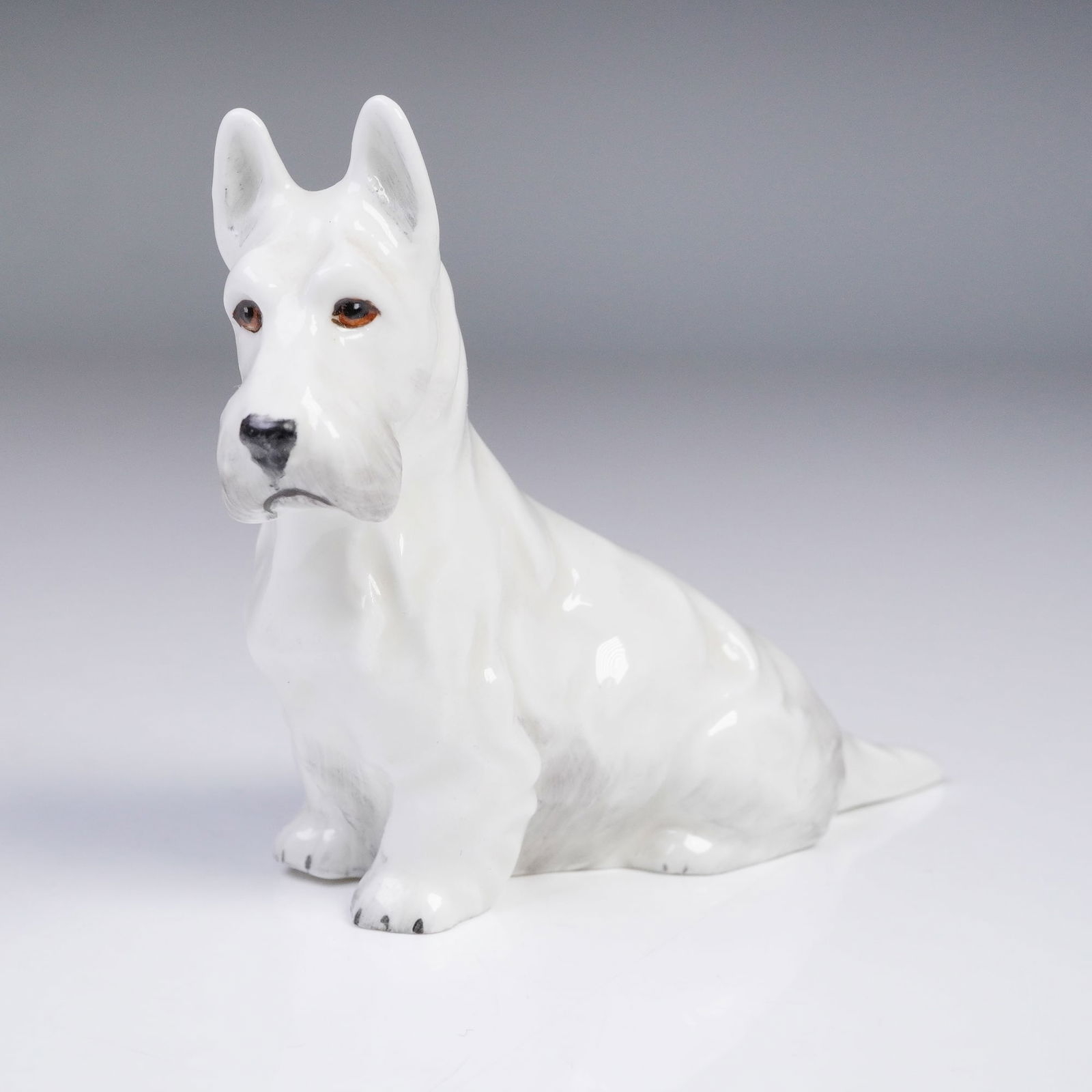 Royal Worcester Bone China Figurine, Scottish Terrier 3029: A Royal Worcester bone china figurine, model number 3029, depicting a seated Scottish Terrier with alert upright ears and finely defined features. Finished in a white glaze with subtle gray shading, t