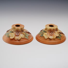 Pair of Weller Pottery Rosemont 2nd Line Candlesticks