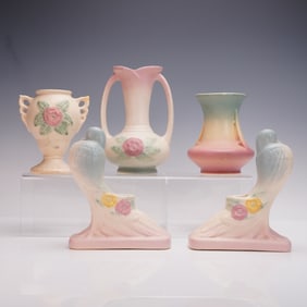 5pc Hull Pottery Ceramic Vases and Candleholders, Open Rose