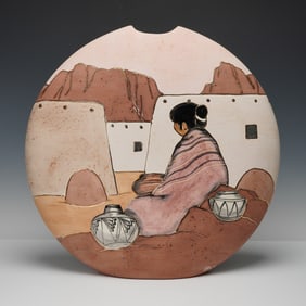 Vera Russell Native American Pueblo Scene Pottery Vase, Signed