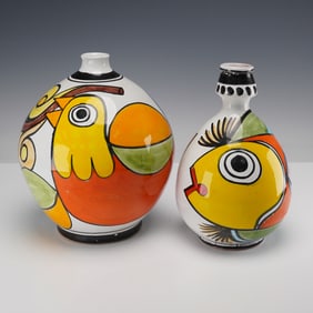 2pc Nino Parrucca Italy Hand-Painted Ceramic Vases, Bird & Fish