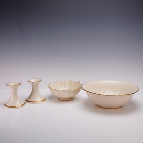 4pc Lenox Porcelain Tableware with 24K Gold Trim, Bowls & Candle Holders