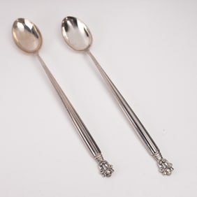 2pc Georg Jensen Sterling Silver Ice Tea Spoons, Acorn