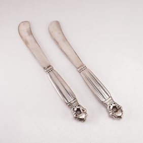 2pc Georg Jensen Sterling Silver Paddle Butter Spreaders, Acorn