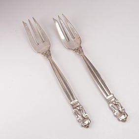 2pc Georg Jensen Sterling Silver Pastry Forks, Acorn