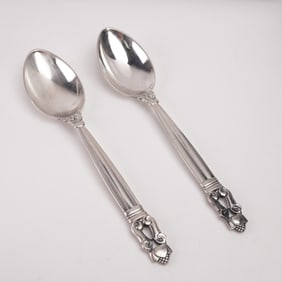 2pc Georg Jensen Sterling Silver Teaspoons, Acorn