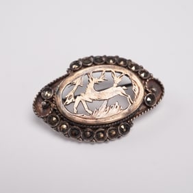 Vintage Sterling Silver and Marcasite Brooch, Jumping Deer