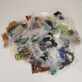 Assorted Boho Necklaces, Beads, 80s Brooches, Jump Rings, Thimbles and More