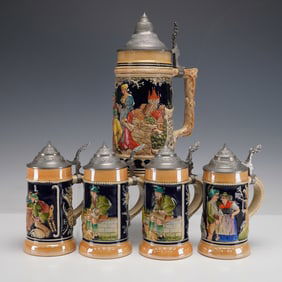 5pc German Ceramic and Pewter Lidded Beer Steins