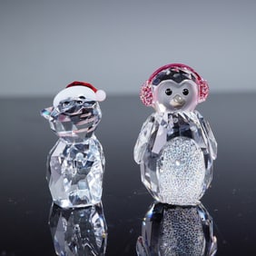 2pc Swarovski Crystal Figurines, Cat with Santa Hat and Rocking Penguin