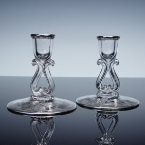 2pc Silver Toned Floral Glass Candlesticks