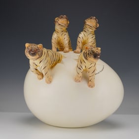 Sergio Bustamante Mexican Folk Art Sculpture, Tiger Cubs on Egg, Signed
