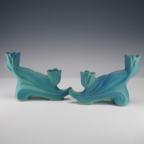 Pair of Van Briggle Pottery Double Tulip Turquoise Candlesticks