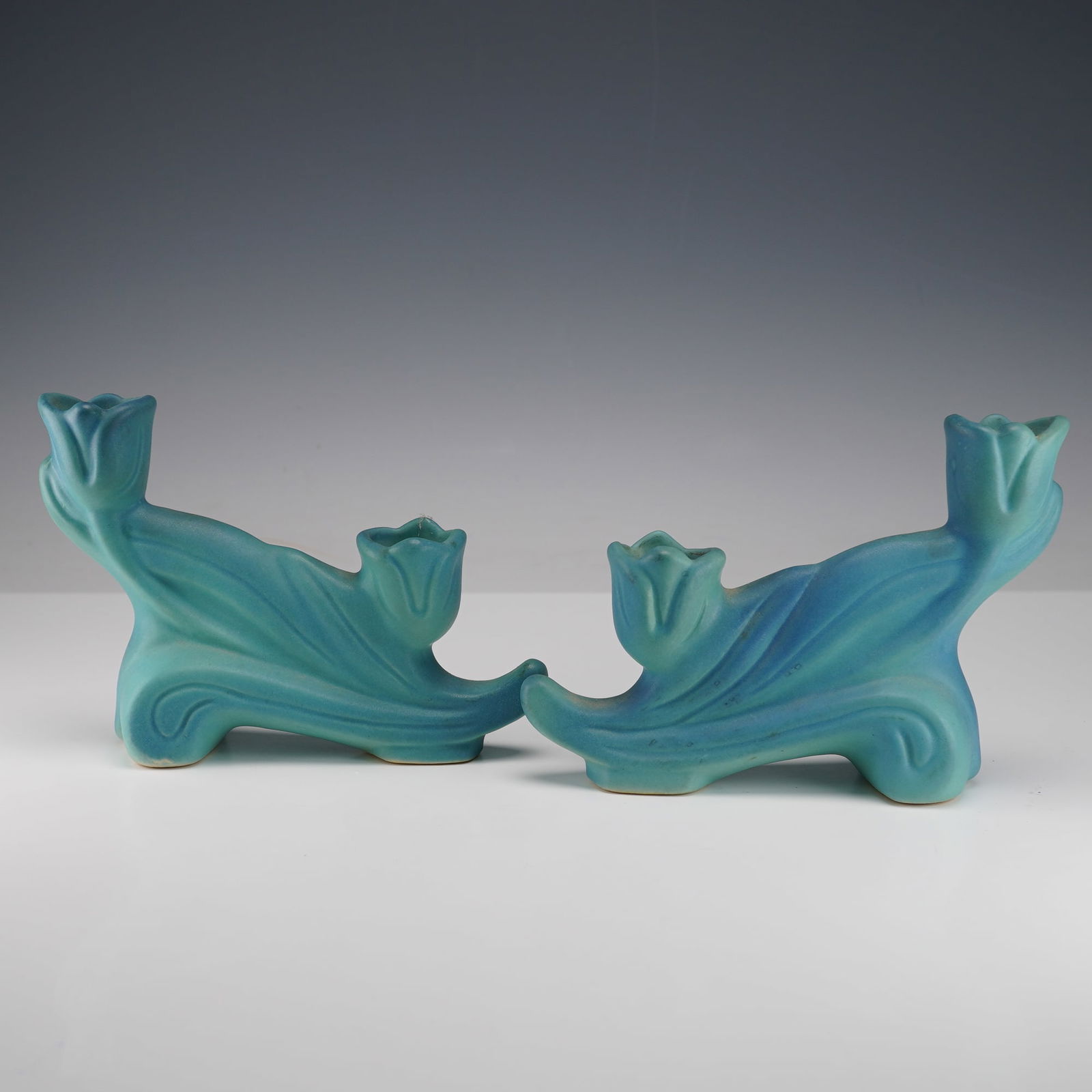 Pair of Van Briggle Pottery Double Tulip Turquoise Candlesticks (1 of 4)