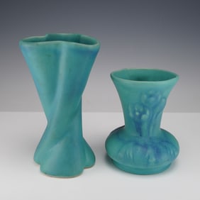 2pc Van Briggle Pottery Floral Turquoise Vases