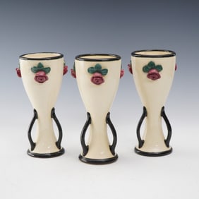 3pc Weller Pottery Noval Rose-Decorated Vases