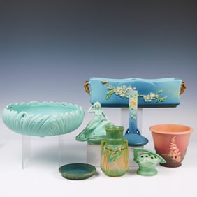 8pc Roseville and Art Pottery Flower Frogs, Bowls, and Vases