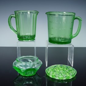 4pc Uranium Glass Set, 2 Pitchers, Flower Frog, and Bowl, Depression Glass