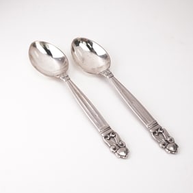 2pc Georg Jensen Sterling Silver Fruit Spoons, Acorn