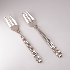 2pc Georg Jensen Sterling Silver Pastry Forks, Acorn