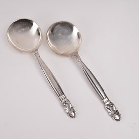 2pc Georg Jensen Sterling Silver Round Bowl Soup Spoons, Acorn