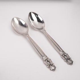 2pc Georg Jensen Sterling Silver Teaspoons, Acorn