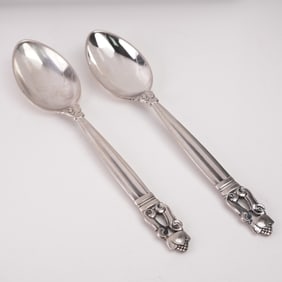 2pc Georg Jensen Sterling Silver Teaspoons, Acorn