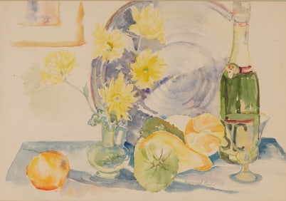 Margaret Neel, Watercolor on Paper, Still Life w/ Bottle & Flowers, Signed