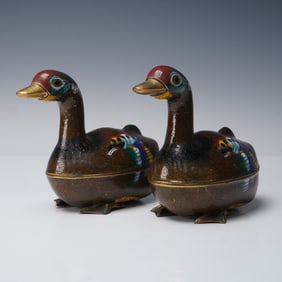 Pair of Chinese Cloisonne Lidded Duck Boxes