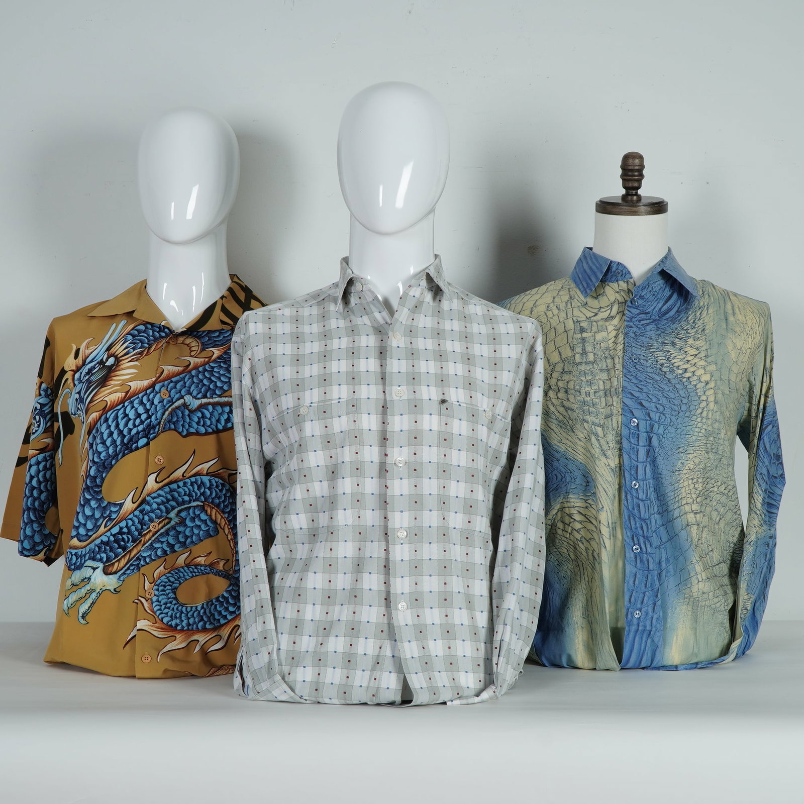 3pc Roberto Cavalli, New Man, and Moon Men Shirts, Made in Italy & France: A group of three men's fashion shirts including a Just Cavalli by Roberto Cavalli long-sleeve Italian-made shirt in silky synthetic fabric with a blue and sand reptile-inspired pattern, a New Man long