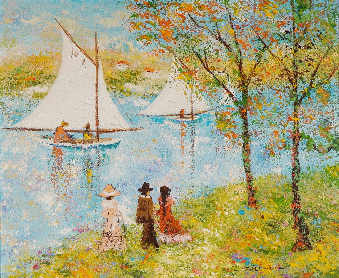 Silenne, Original Oil on Canvas, French Riverside Sailing, Signed