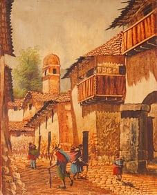 Oil on Canvas Painting, Andean Village Street Scene, Signed