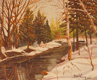 Brian Young, Oil on Board Painting, Winter River Landscape, Signed