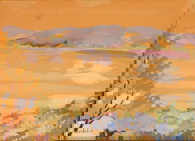 Modernist Landscape Gouache on Paper Painting, Signed in Hebrew