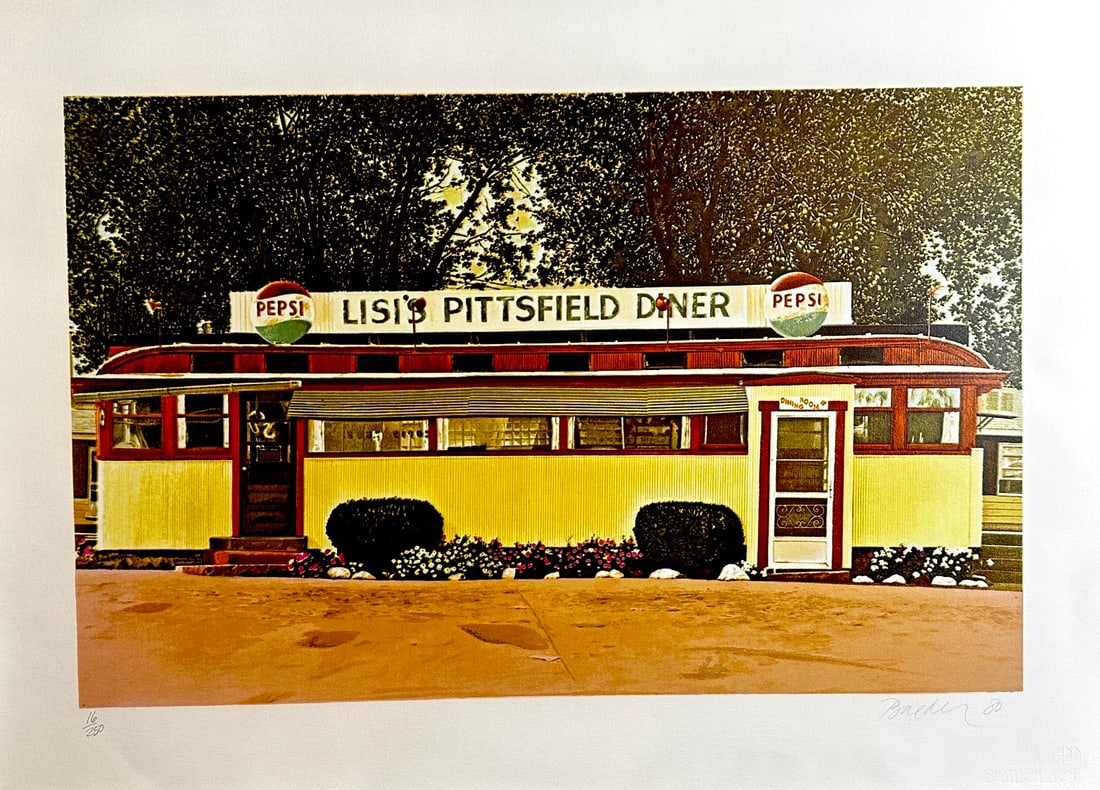John Baeder (1938) Signed Screenprint, Lisi's Diner: Screenprint titled Lisi's Pittsfield Diner Year 1980 Signed lower right numbered 16/250. Sight size 30" x 22"
