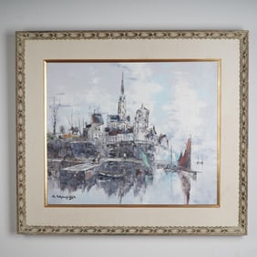 Christophe Charpides, Original Oil on Canvas, Normandy Harbor, Signed