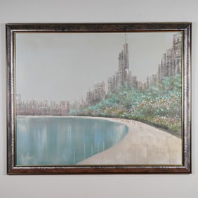 Lee Reynolds, Modernist Oil on Canvas, Cityscape by Lake, Signed