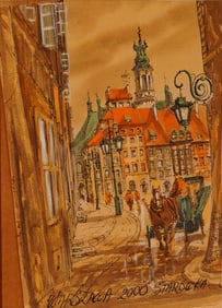 Original Watercolor on Paper Painting, Old Town, Warsaw, Signed HR