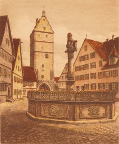 Hand-Colored Engraving, Street View from Dinkelsbuhl, Signed