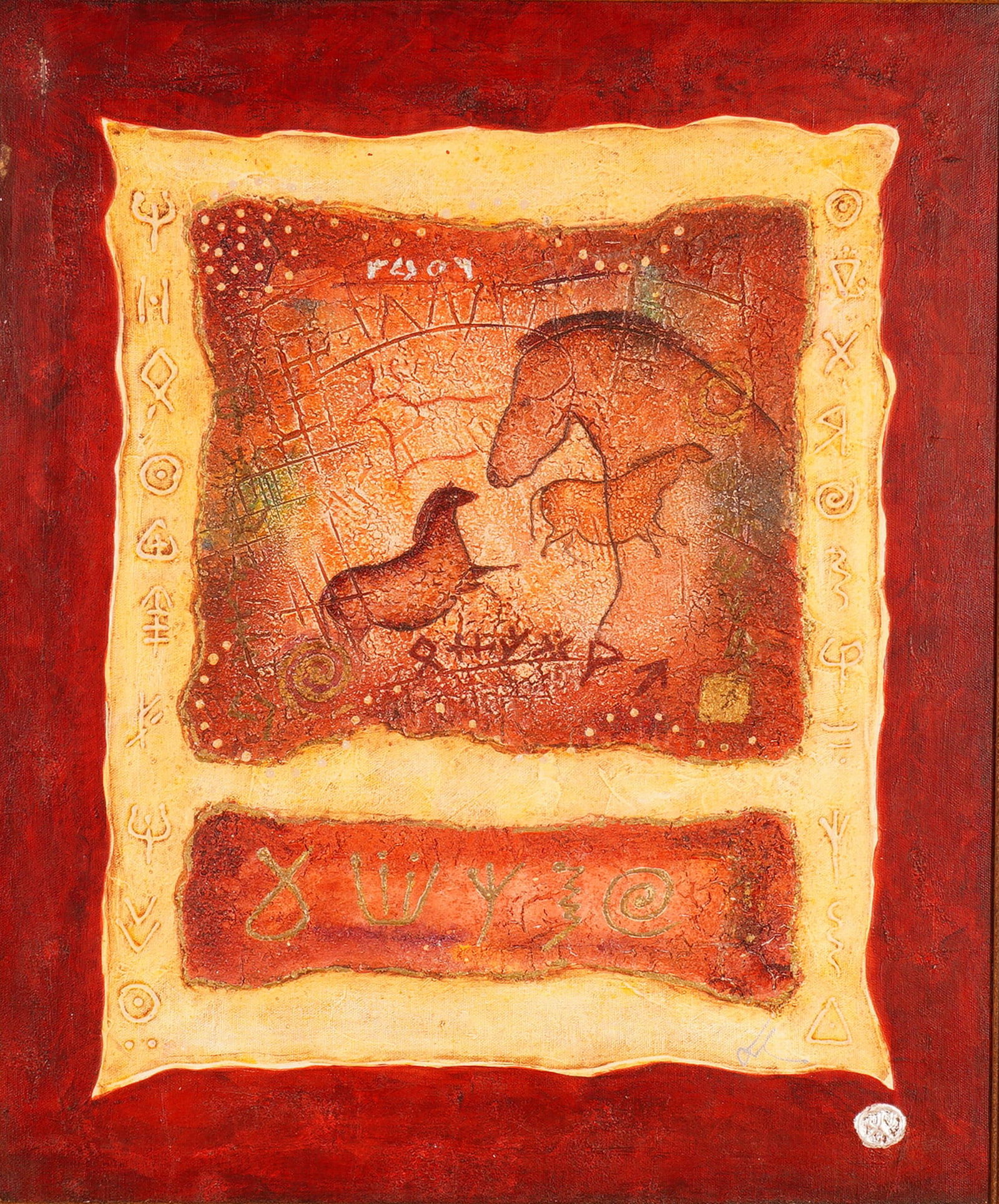David Dodsworth, Mixed Media Painting on Canvas, Altamira II, Signed: This richly textured mixed-media painting titled Altamira II by Irish artist David Dodsworth evokes the ancient cave art of northern Spain, blending modern abstraction with primal symbolism. The compo