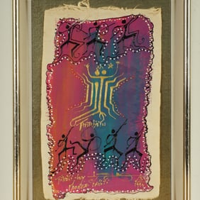 Lisa Adams, French Polynesian Mixed Media Tapa Cloth Painting, Signed