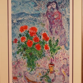 After Marc Chagall, Offset Lithograph on Paper, Red Bouquet w/ Lovers
