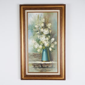 Magnesco Original Oil  on Canvas, White Roses in Vase Signed