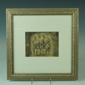 Modernist Watercolor and Graphite, Seated Figures with Child