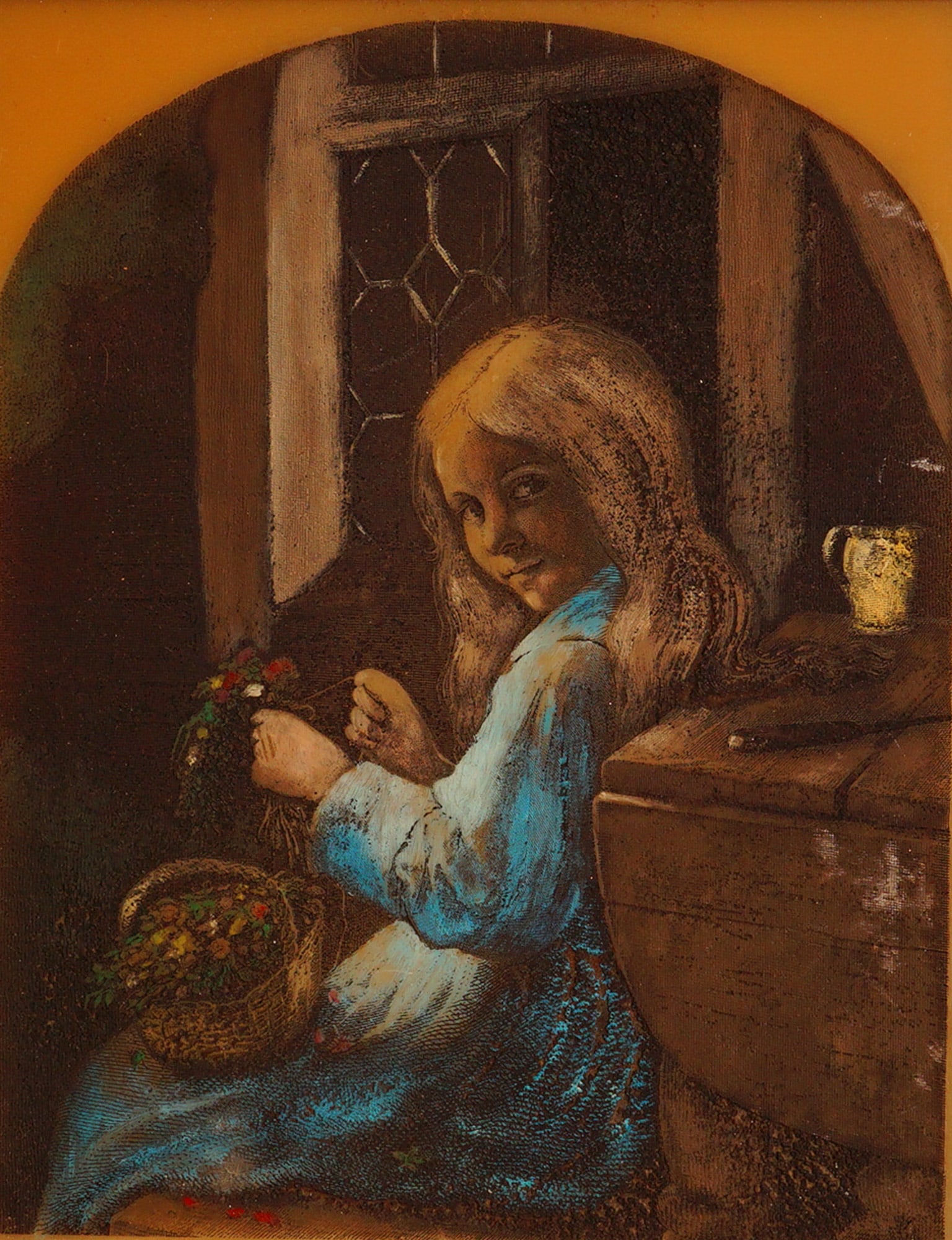 Albert Henry Payne (British 1812-1902) Celluloid Lithopane Engraving: A delicate celluloid lithopane engraving depicting a young flower girl seated by a window, by Albert Henry Payne. Payne, a noted engraver and publisher, was known for his finely detailed romantic and 