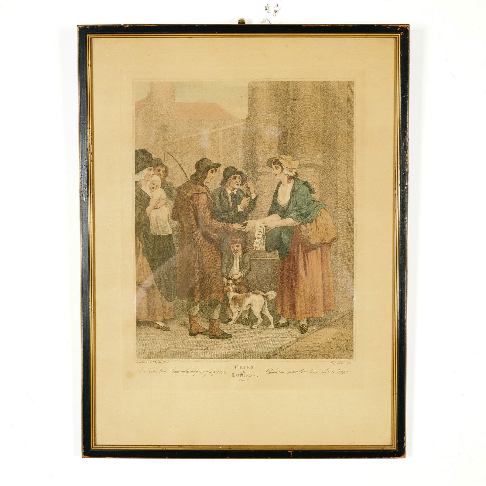 Francis Wheatley (Aft.) Hand-Colored Engraving on Paper, Cries of London: A charming and finely executed hand-colored stipple engraving from the celebrated Cries of London series, titled A New Love Song Only Ha'Penny a Piece. This work captures a bustling street scene where