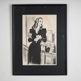 Wayne Hall, Original Ink Drawing on Paper, Elegant Woman at Hotel, Signed
