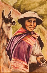 Mixed Media on Paper Portrait of Andean Woman with Llama, Signed