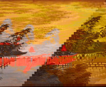 Mid-Century Japanese Silk Painting, Shrine Over Water at Sunset