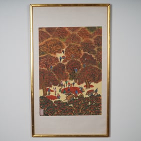 Original Chinese Gouache on Paper Painting, Pomegranate Harvest, Red Seal